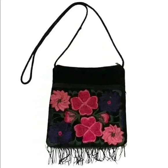MADE IN MEXICO EMBROIDERED VELVET FRINGE CROSSBODY BAG ZIPPER - Picture 1 of 5
